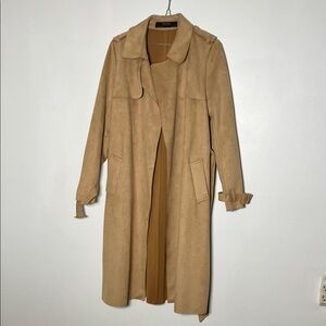 Camel faux Suede Trench Coat - Women Long Coat